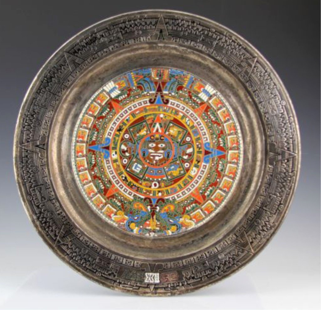 AZTEC MAYAN CALENDAR PLATE MEXICO: AZTEC MAYAN CALENDAR PLATE MEXICO Brass plate with enamel accents, wall hanging, comes with sheet explaining meanings. Size: 13.5" Shipping / Pickup: We Can Ship This Item Lot Location: #1 - Cap. Cir.