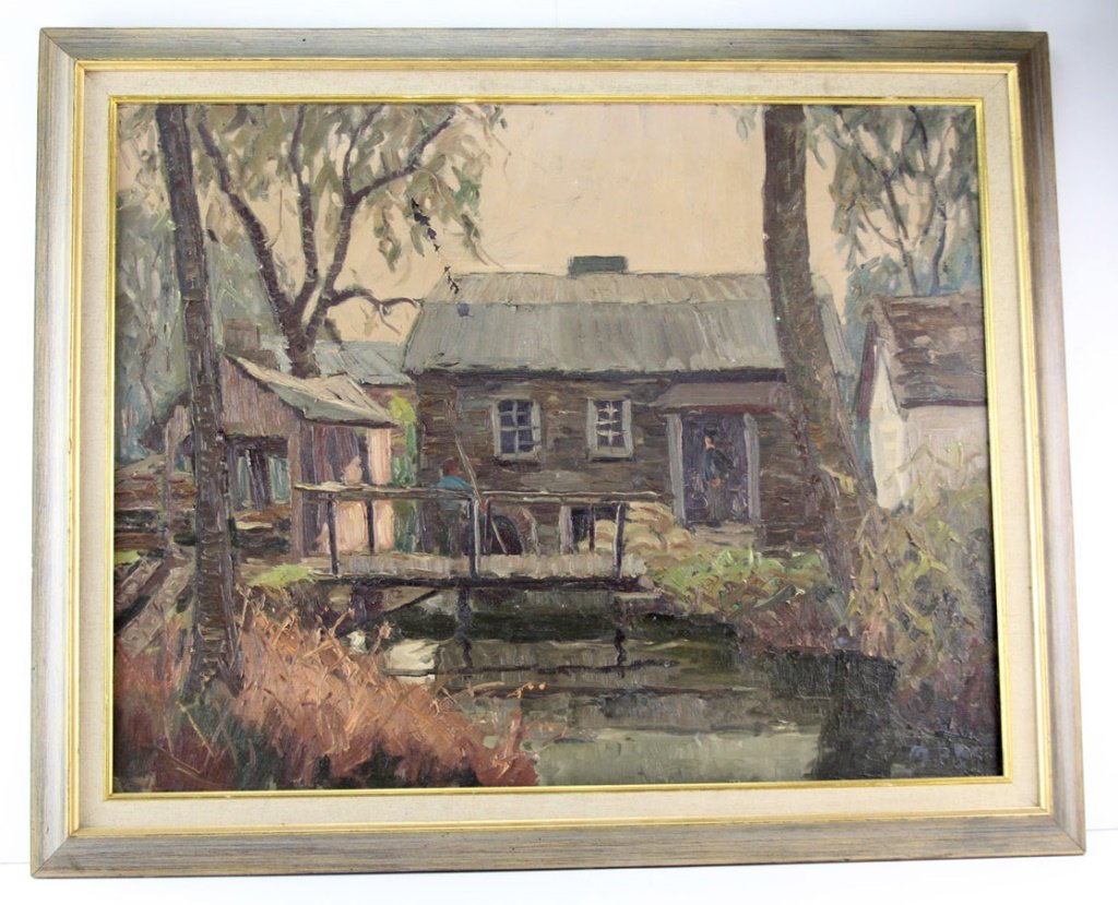 MELVIN STARK OLD CIDER MILL OIL ON CANVAS FRAMED: MELVIN STARK OLD CIDER MILL OIL ON CANVAS FRAMED Melvin Stark (American, 1903-1987) "Old Cider Mill" oil on canvas, framed. Heavy impasto throughout. Size: 33 x 27" Condition: Painting will require cl