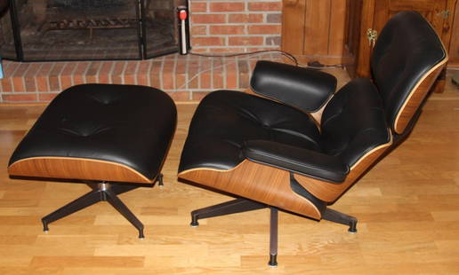 HERMAN MILLER EAMES LOUNGE CHAIR AND OTTOMAN: HERMAN MILLER EAMES LOUNGE CHAIR AND OTTOMAN Accompanied by COA, manual, flip book, and Charles Eames House of Cards picture deck and medium House of Cards Condition: Very good. Appears to have seen v