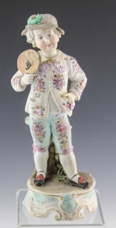 PORCELAIN FIGURINE OF YOUNG ARTIST: PORCELAIN FIGURINE OF YOUNG ARTIST Marked on underside. (reproduction of Meissen). Size: 9" Shipping / Pickup: Buyer Pick Up, 3rd Party Lot Location: #1 - Manor's Gallery