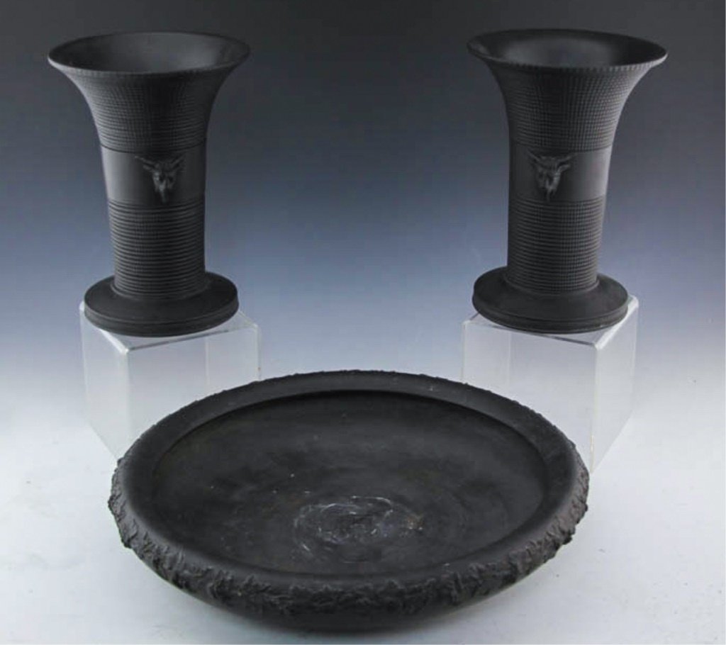 (3) WEDGWOOD BLACK BASALT VASES & DISH (1 of 4)