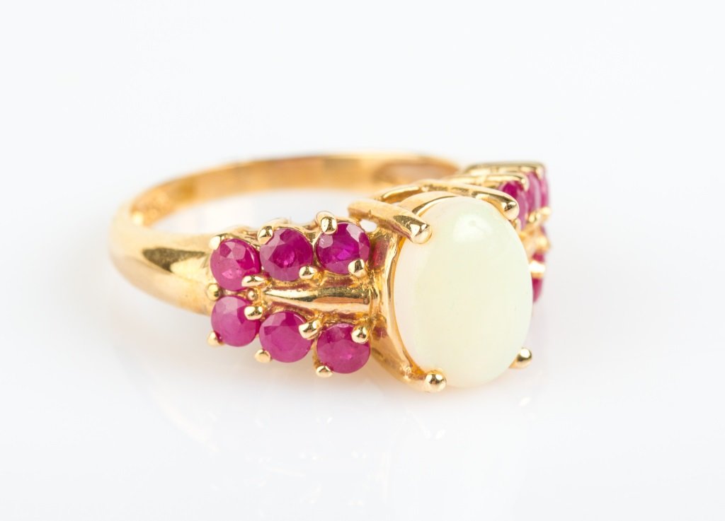 LADIES 10K YELLOW GOLD OPAL & RUBY RING (1 of 3)
