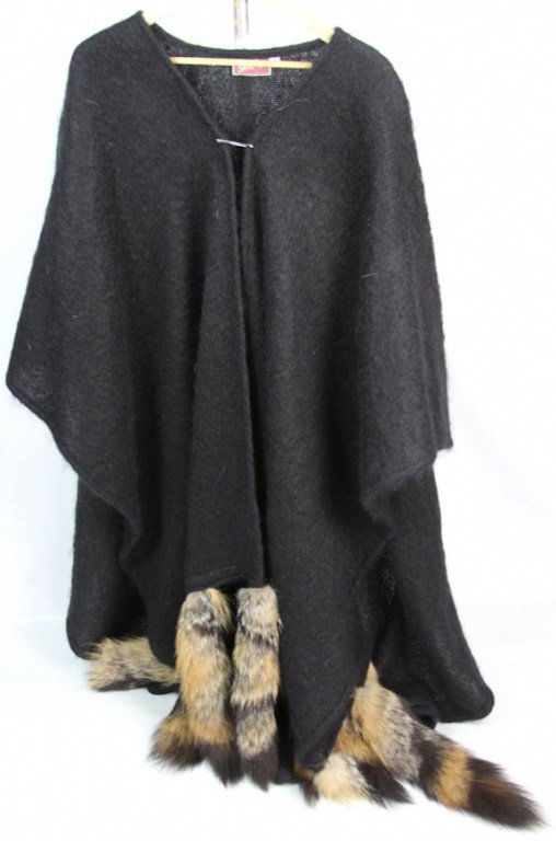LADIES BLACK DYED WOOL & FOX TAIL CAPE (1 of 5)