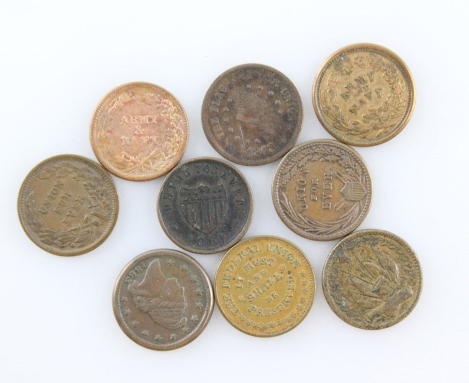 LOT OF NINE US CIVIL WAR ERA UNION TOKENS (1 of 2)