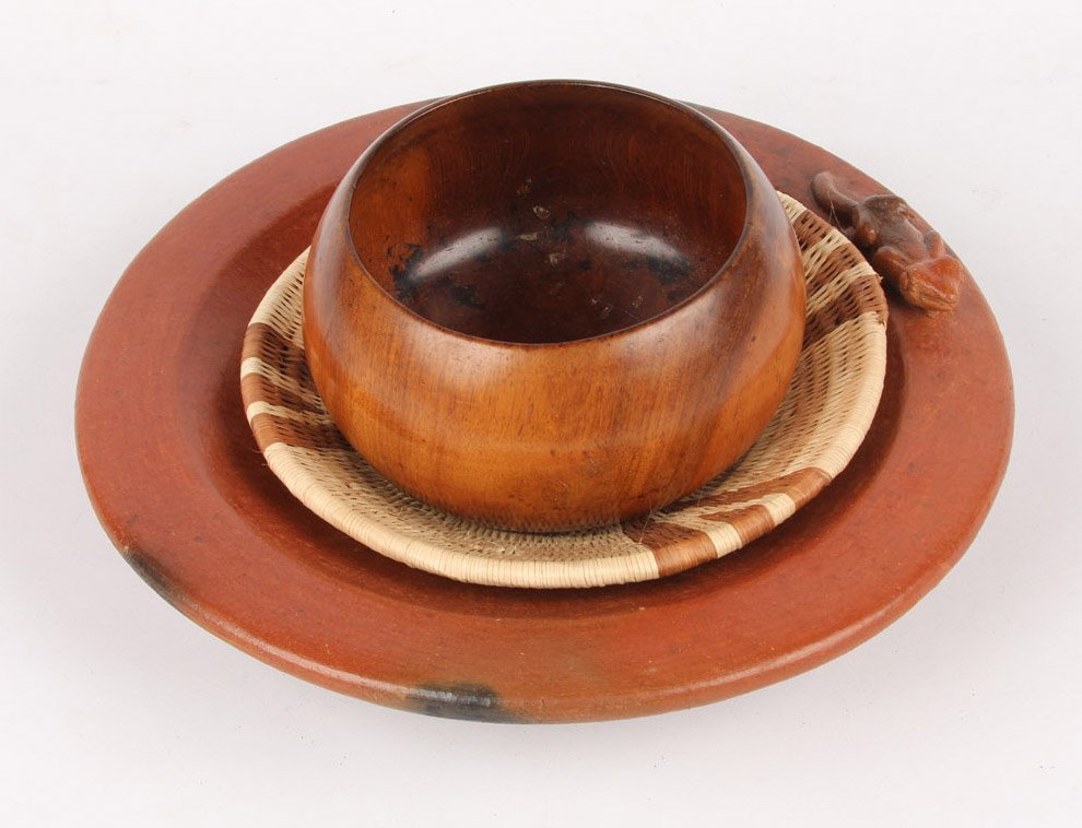 LOT OF THREE DECOR DISHES - POTTERY WOOD & WOVEN: LOT OF THREE DECOR DISHES - POTTERY WOOD & WOVEN To include earthenware pottery dish made in Indonesia, lathe wood bowl, and woven dish. Shipping / Pickup: Buyer Pick Up, 3rd Party Lot Location: #1 -