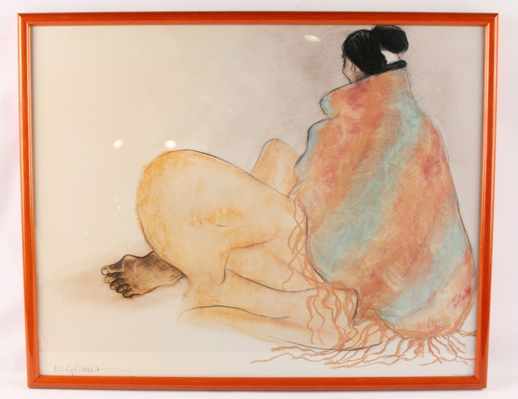 R C GORMAN SEATED FEMALE PRINT - FRAMED: R C GORMAN SEATED FEMALE PRINT - FRAMED Framed under glass. Size: 24 x 29.5" including frame. Shipping / Pick-Up: Buyer Pick Up, 3rd Party Lot Location: #1 - Manor's Gallery
