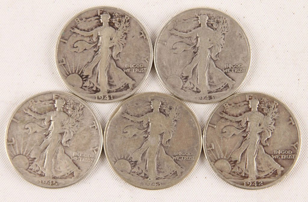 LOT OF 5 1941-1945 US SILVER WALKING LIBERTY 50C (1 of 2)
