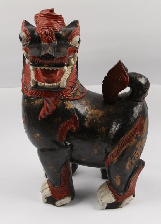 PAINTED CARVED WOODEN FOO DOG (1 of 4)