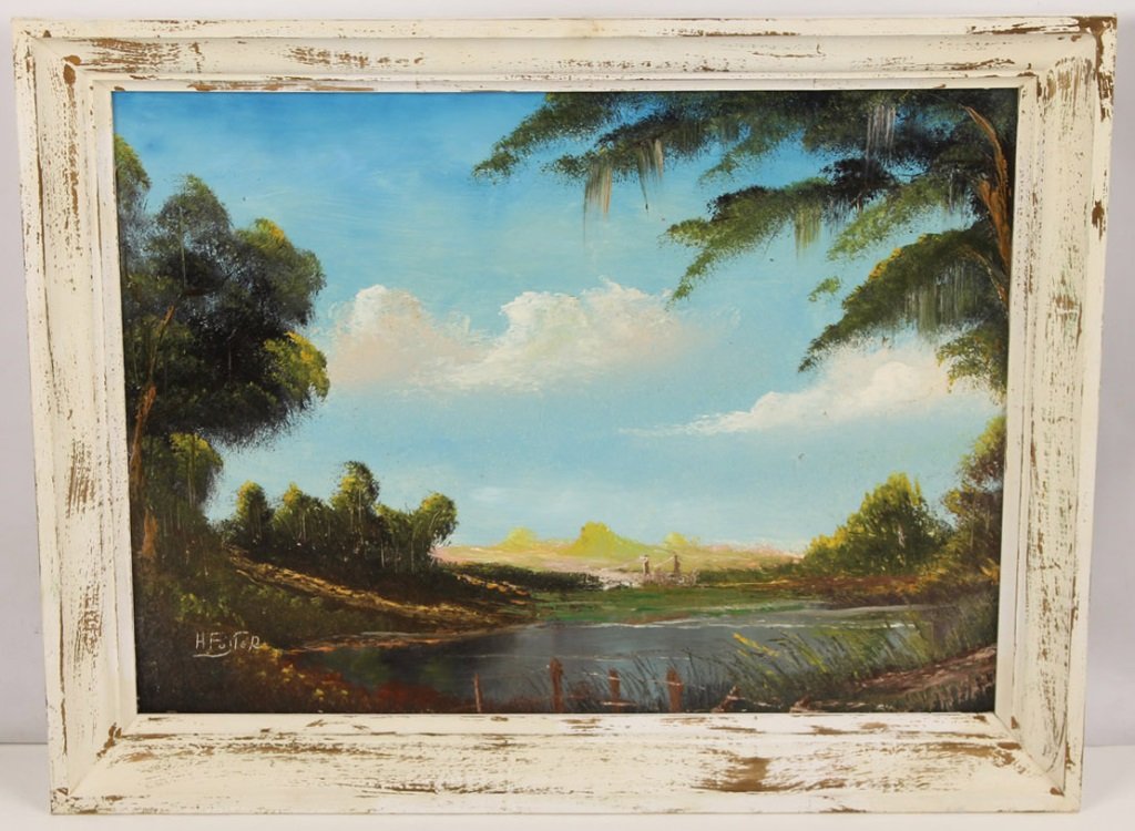HORACE FOSTER FLORIDA LANDSCAPE OIL ON BOARD: HORACE FOSTER FLORIDA LANDSCAPE OIL ON BOARD Horace Foster (American, 20th C.), oil on board, depicting meadow with pond, signed in lower left, set in white frame. Size: 21.5 x 27.5" including frame. 