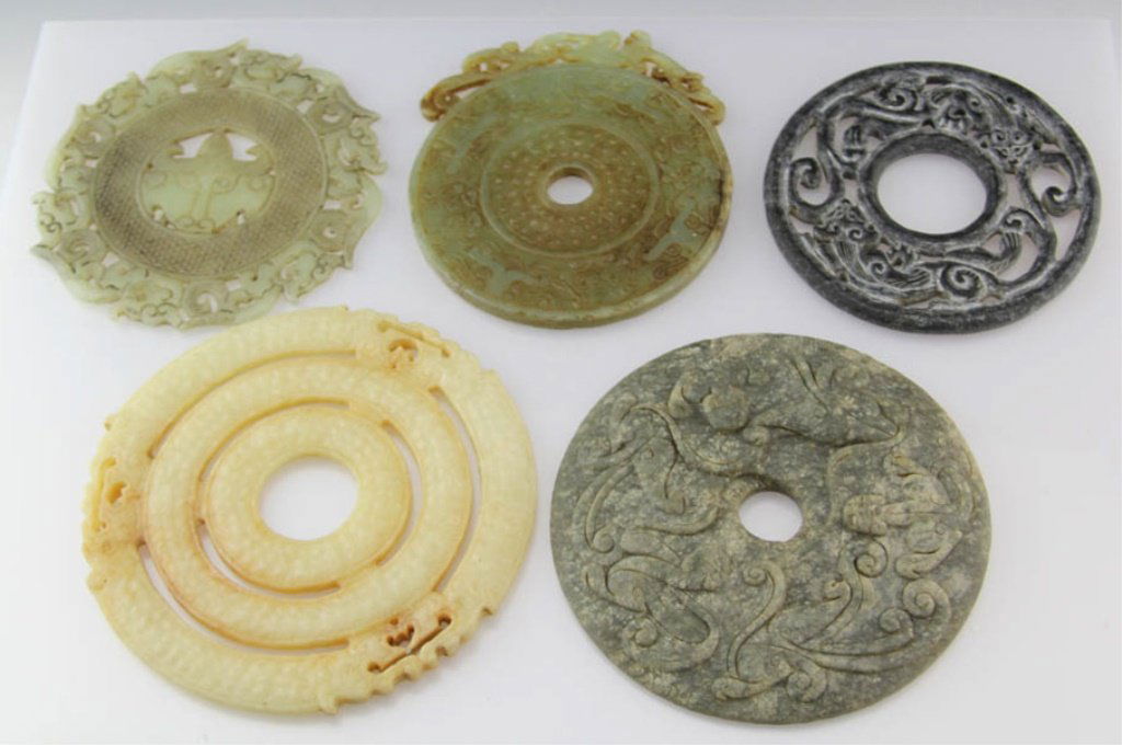 LOT OF 5 CARVED ASIAN SOFTSTONE BI DISKS (1 of 6)