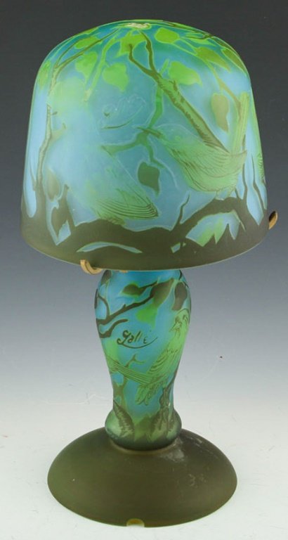REPRODUCTION GALLE BIRD MOTIF CAMEO GLASS LAMP: REPRODUCTION GALLE BIRD MOTIF CAMEO GLASS LAMP With yellow, blue, and green base colors. Size: 13.5" Condition: Some loss to paint decoration. Does not include any electrical components.