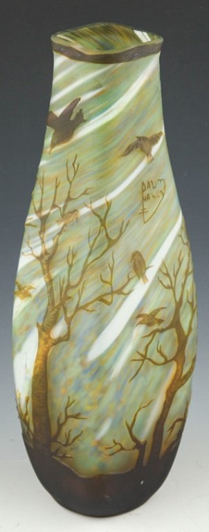 REPRODUCTION DAUM BIRD MOTIF CAMEO GLASS VASE: REPRODUCTION DAUM BIRD MOTIF CAMEO GLASS VASE With multicolor striations in the glass, and primarily brown and green base colors. Size: 12" Condition: Very good.
