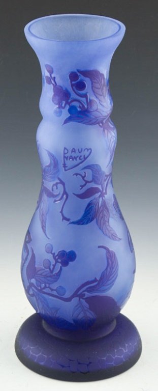 REPRODUCTION DAUM INSECT MOTIF CAMEO GLASS VASE: REPRODUCTION DAUM INSECT MOTIF CAMEO GLASS VASE With two tone blue base colors. Size: 14" Condition: Very good.