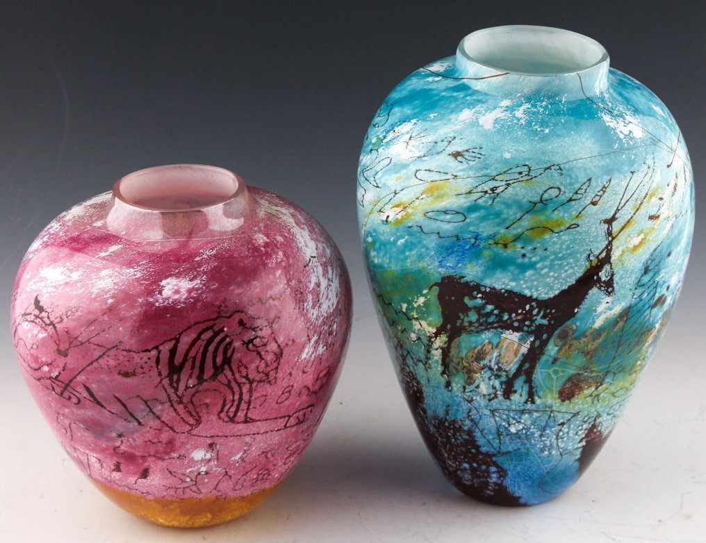 2 PAUL CROSBIE STUDIOS ART GLASS VASES SIGNED (1 of 5)