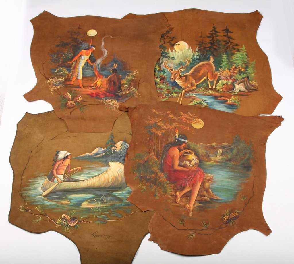 4 NATIVE AMERICAN LANDSCAPE PAINTING ON LEATHER (1 of 5)