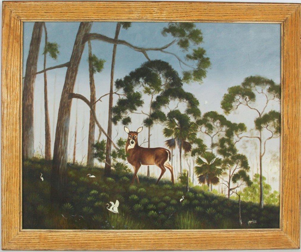 JOHNNY DANIELS FLORIDA HIGHWAYMEN WOODLAND SCENE: JOHNNY DANIELS FLORIDA HIGHWAYMEN WOODLAND SCENE Johnny Daniels (American, 1954-2009), Florida Highwaymen artist, oil on canvas, rural woodland scene with a deer. Signed in the lower right corner. Set