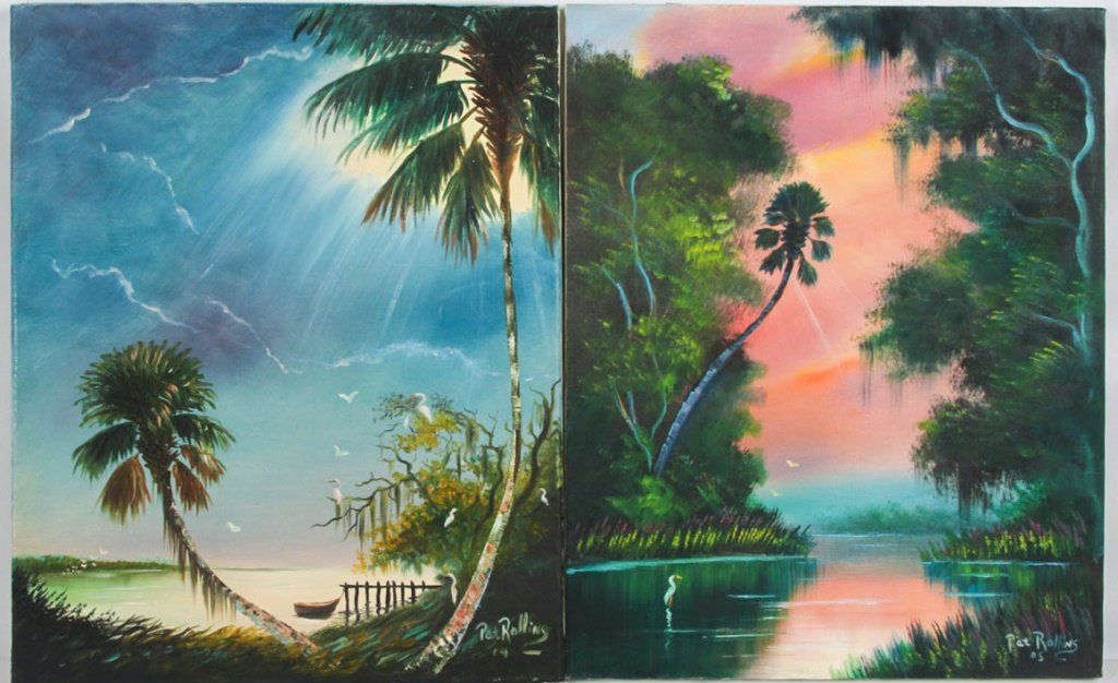 PAIR OF PAT ROLLINS FLORIDA SCENES OIL ON CANVAS: PAIR OF PAT ROLLINS FLORIDA SCENES OIL ON CANVAS Pat Rollins (American, contemporary), oil on canvas depicting Florida wetland and beach scenes during sunset. Signed in lower right corner. Boards are