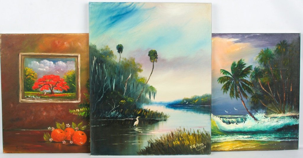 LOT OF 3 PAT ROLLINS FLORIDA SCENES OIL ON CANVAS (1 of 5)