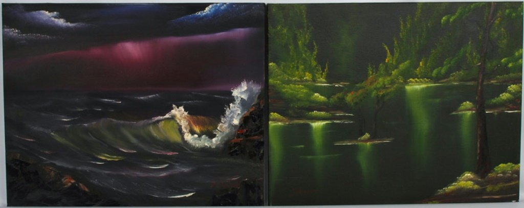 2 ROBERT JOHNSON FLORIDA LANDSCAPES OIL ON CANVAS: 2 ROBERT JOHNSON FLORIDA LANDSCAPES OIL ON CANVAS Robert Johnson (American), oil on canvas depicts Florida ocean scene during late sunset and Florida wetlands during nighttime. Signed in lower right c