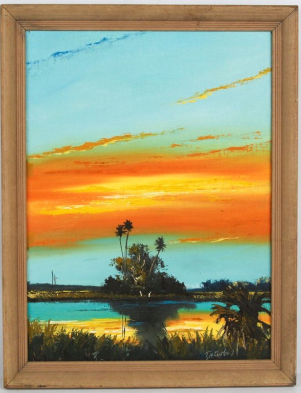 TRACY NEWTON FLORIDA WETLAND SUNSET OIL ON BOARD: TRACY NEWTON FLORIDA WETLAND SUNSET OIL ON BOARD Tracy Newton (American, contemporary), oil on board depicting a Florida wetland sunset. Signed in lower right. Board is 16 x 12". Set in a light brown 