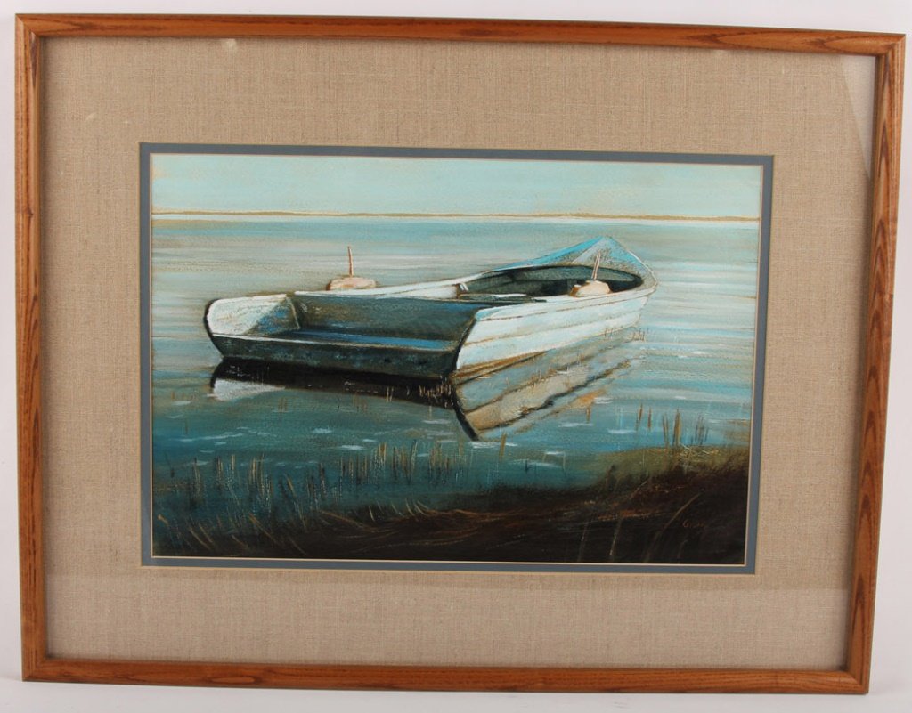 DEAN GIOIA OIL ON PAPER APALACHICOLA SCENE: DEAN GIOIA OIL ON PAPER APALACHICOLA SCENE Dean Gioia (American/Florida), oil on watercolor paper, depicting an oyster boat in the Apalachicola Bay. Signed in the lower right corner. Image is 21 x 14"