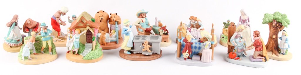 12 DANBURY MINT PORCELAIN FAIRY TALE FIGURINES: 12 DANBURY MINT PORCELAIN FAIRY TALE FIGURINES Lot of 12 Danbury Mint "The Fairy Tale Figurines" each featuring scenes from different famous fairy tales. Includes a certificate of authenticity. Shippi