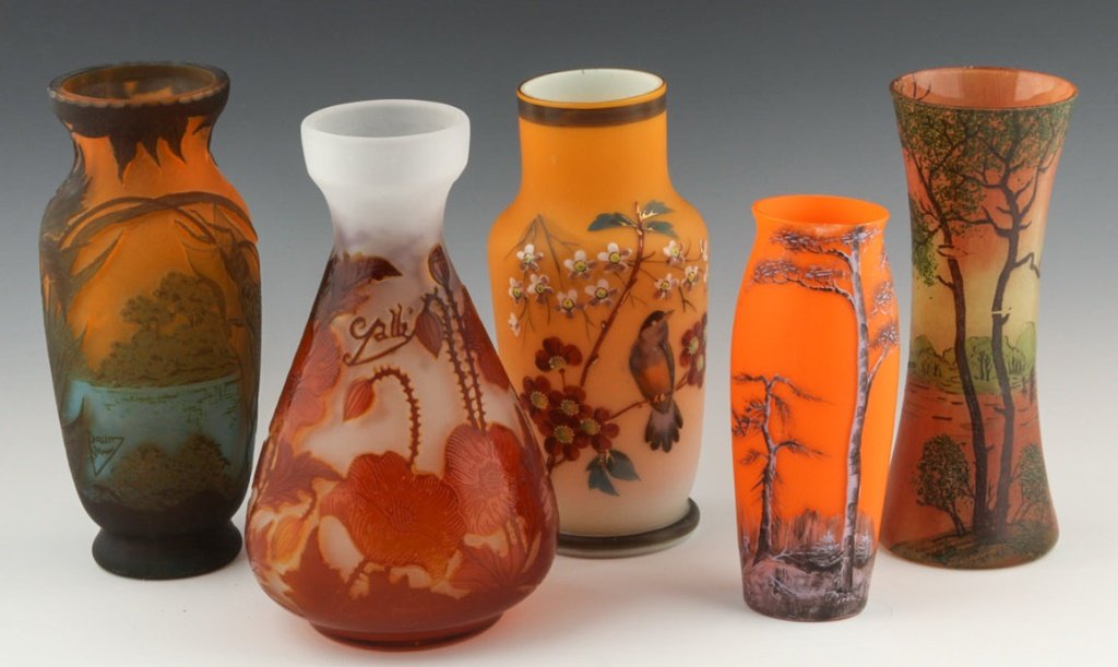 LOT OF 5 ART GLASS VASES--PAINTED & CAMEO GLASS (1 of 4)