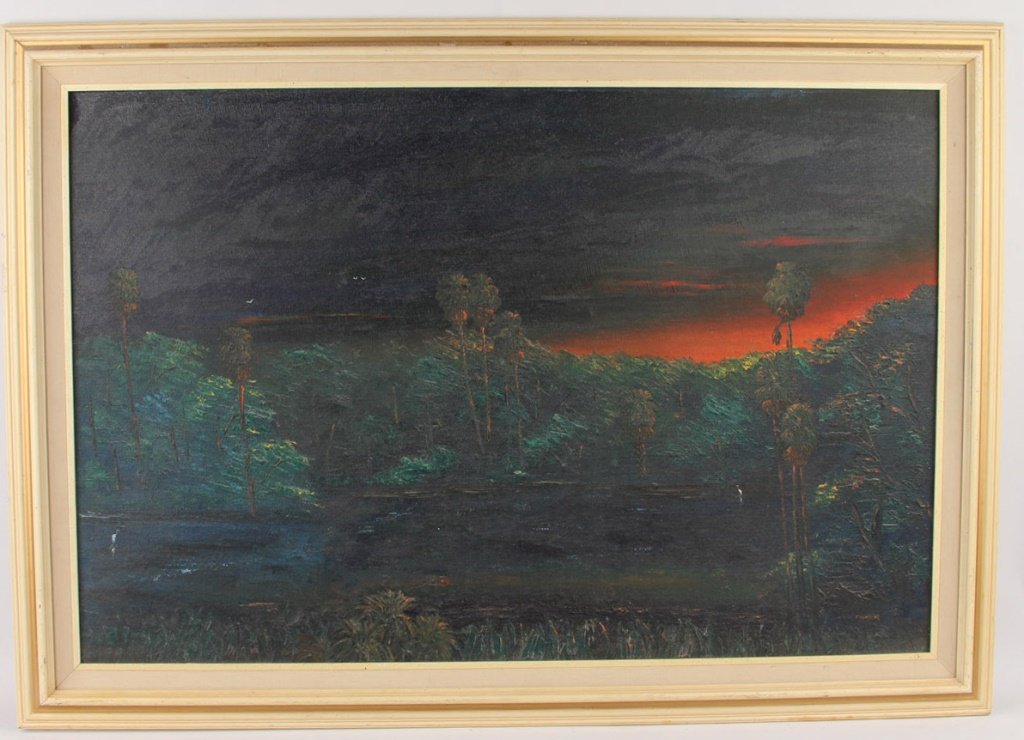 CHICO WHEELER FLORIDA HIGHWAYMEN OIL ON BOARD: CHICO WHEELER FLORIDA HIGHWAYMEN OIL ON BOARD Chico Wheeler (American, contemporary), Florida Highwaymen, oil on board, depicting Florida landscape. Signed in lower right. Set in white wood frame. Boa