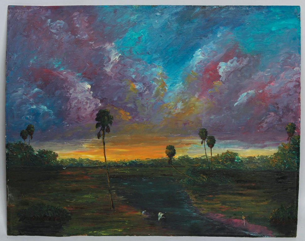 CHICO WHEELER FLORIDA HIGHWAYMEN WETLAND SCENE: CHICO WHEELER FLORIDA HIGHWAYMEN WETLAND SCENE Chico Wheeler (American) Florida Highwaymen Artist, oil on masonite board depicts a Florida wetlands during early sunrise. Signed in lower right corner. 