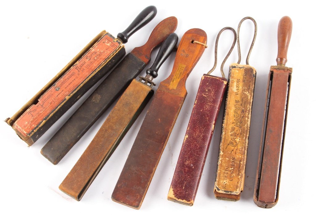 MIXED LOT OF 7 WOOD HANDLE LEATHER BARBER STROPS (1 of 5)