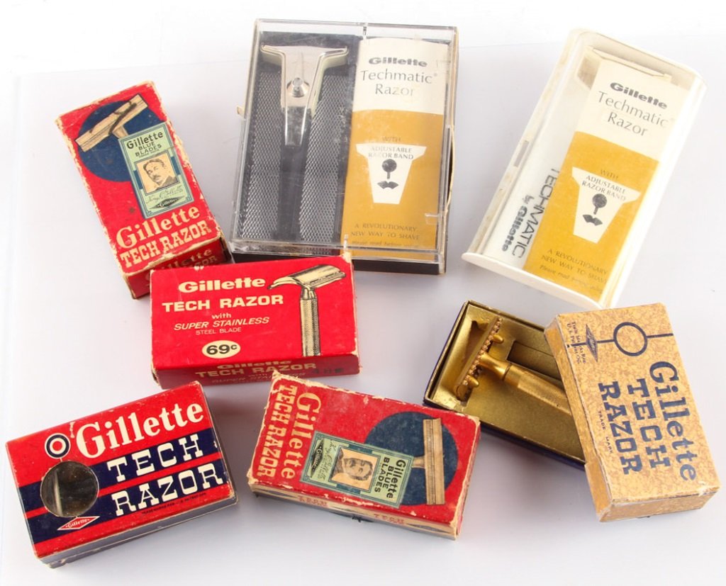 LOT OF 7 STEEL GILLETTE TECH SAFETY RAZORS (1 of 7)