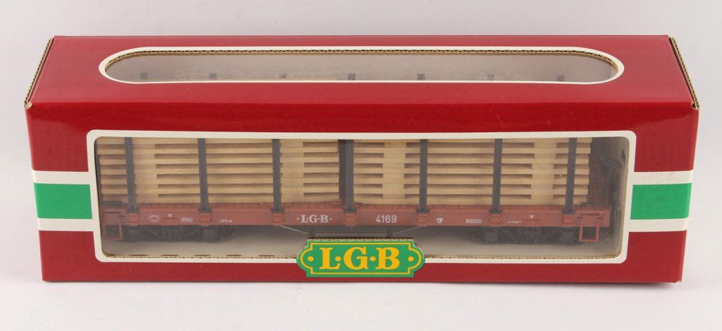 LGB 4169 WOODEN PLANK LOAD FLAT CAR: LGB 4169 WOODEN PLANK LOAD FLAT CAR Includes original box. Shipping / Pickup: We Can Ship This Item Lot Location: #1 - Manor's Gallery