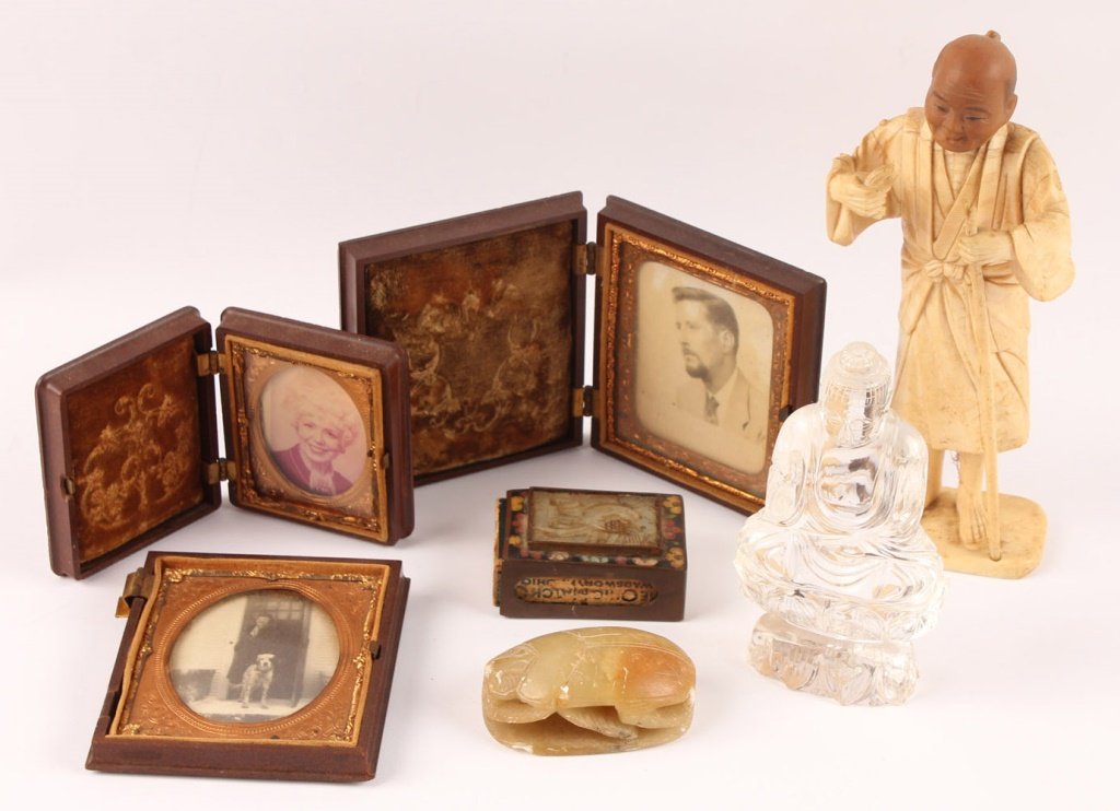 MIXED LOT OF ASIAN & MORE ITEMS BONE, GLASS: MIXED LOT OF ASIAN & MORE ITEMS BONE, GLASS Includes two Asian bone and glass statues, softstone beetle, matchbook case with sleeve, and three unknown pictures in cases. Size: 2.5" to 7" Shipping / Pi