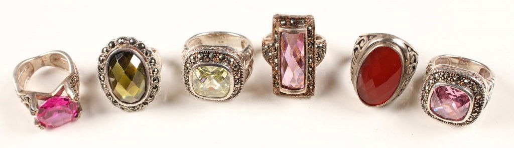 SIX STERLING SILVER AND MARCASITE RINGS (1 of 3)