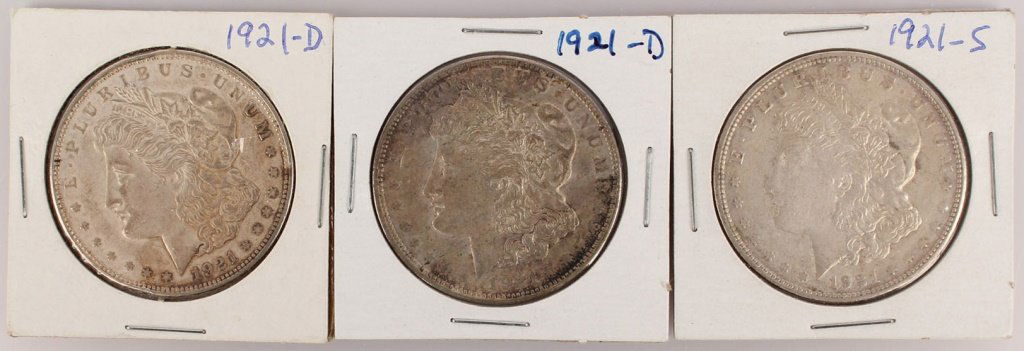 LOT OF 3 U.S. 1921 "D" & "S" MORGAN SILVER DOLLARS (1 of 2)