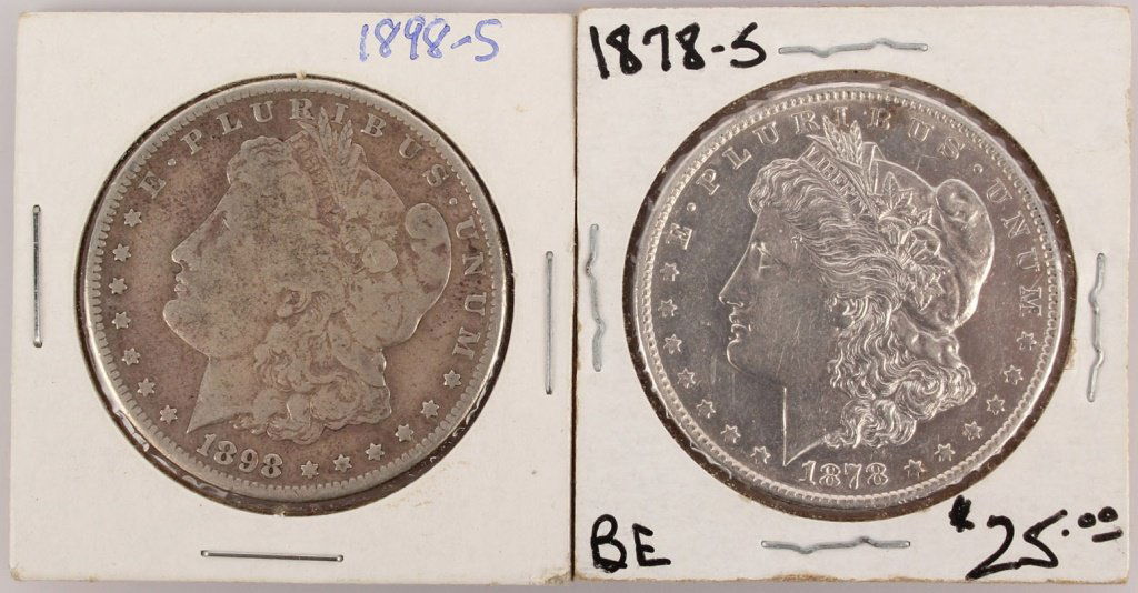 LOT OF 2 U.S. MORGAN SILVER DOLLARS 1878-S 1898-S (1 of 2)
