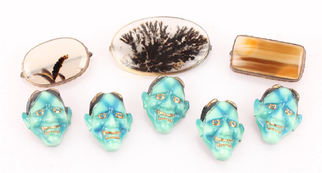 3 AGATE BROOCHES & 5 HANYA ONI BUTTONS (1 of 7)