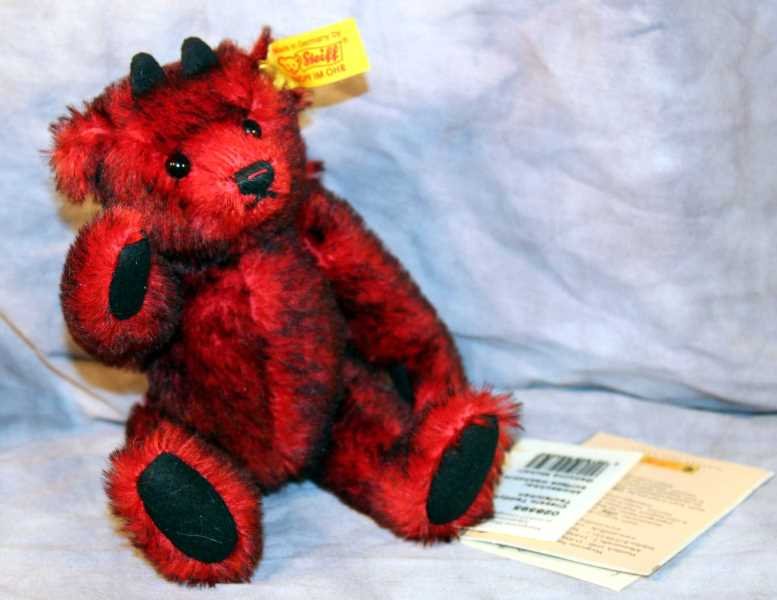 Steiff Bear: Steiff Bear "Little Devil" Teddy Bear. Black Horns, Tail. EAN 028595, 18cm, 2002