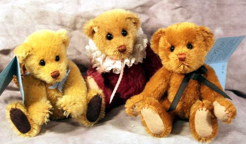 Handmade Bear: 3-Handmade Bears by Barbara Troxel-(1) "Krissy" two toned 1990 7" jointed bear, 100% mohair and glass eyes; (2) "Rusty" 1989 6" Brown jointed Bear, 100% mohair and glass eyes; (3) "Topaz" 1989 6" ligh