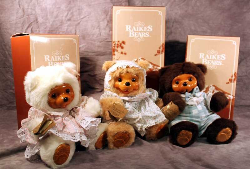 Raikes Bear: Set of (3) L. Ed. Raikes Bears-1987 (1) Sally (17007) 2314/7500, (2) Susie (17008) 3472/7500, (3) Timmy (17009) 570/7500-All Bears have wooden faces and paws and come fully dressed in their original b
