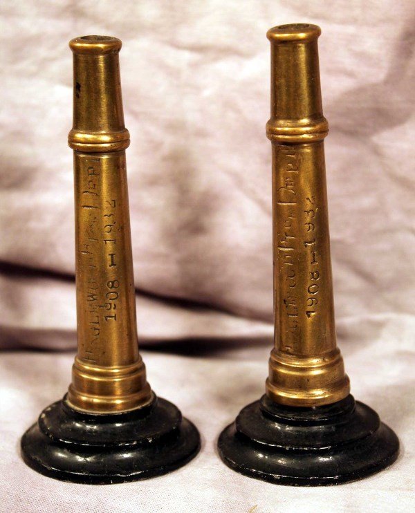 Collectibles--Fire Department: Set of (2) Service Presentation Brass Fire Hose Nozzles on cast stands with inscription _nglewood Fire Dept. 1908-1932; 4.75" (h)