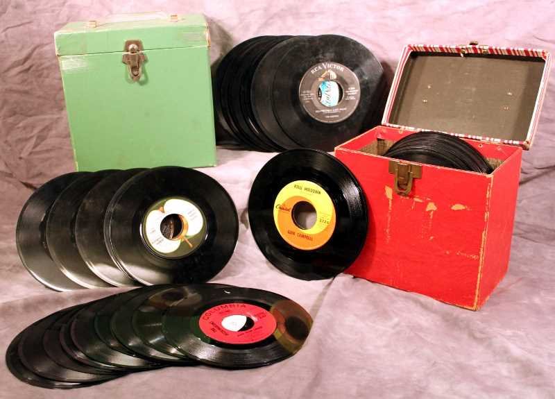 Collectibles: Set of 2 Vintage 45 record carrying/storage cases complete with collectible records of period artists to include The Beau Brummel's, Paul Anka, Perry Como and many more