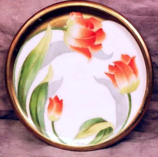 China/Glassware: Hand Painted Bavarian Trivet Signed by Artist with Tulip Design and Gold Trimmed Edge. 6.5" in Diameter