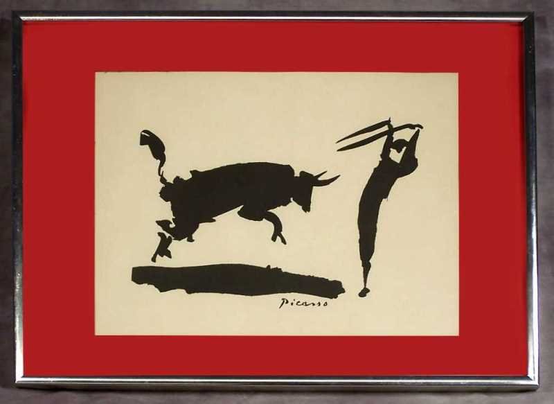 Art: Framed Pablo Picasso Bullfighter Print, Vintage Pablo Picasso Bullfighter print with frame, image size is approx. 8 X 10, chrome metal frame is approx. 11.25" x 14.25", light scuffs to frame, overall