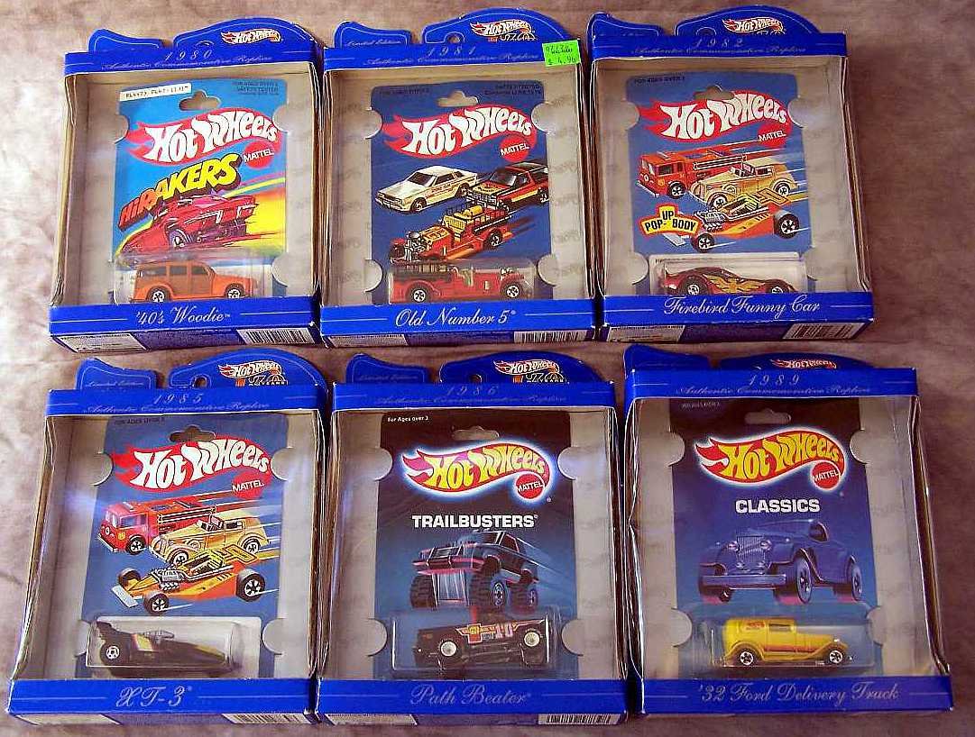 Collectibles: Limited Edition Authentic Commerative Replica Hot Wheels Cars, new on card and in box, 1980 40's Woodie, '81-Old Number 5, '82-Firebird Funny Car, '85-XT-3, '86-Path Beater, and '89-'32 Ford Delivery
