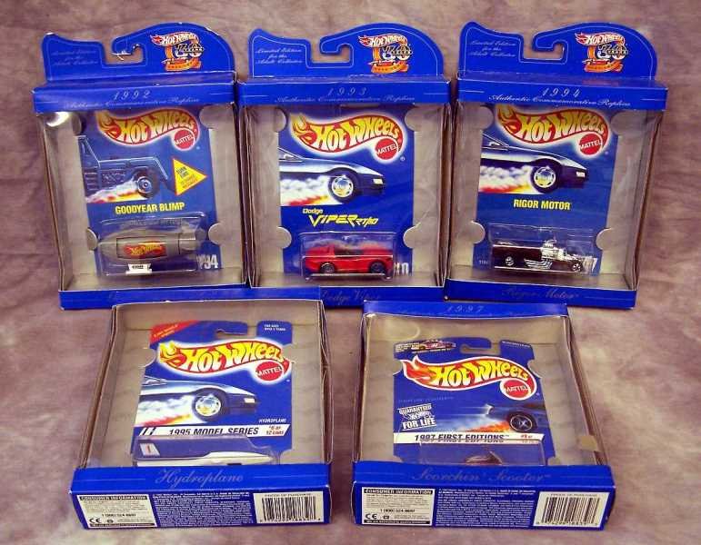 Collectibles: Limited Edition Authentic Commerative Replica Hot Wheels Cars, new on card and in box, 1992-Goodyear Blimp, '93-Dodge Viper, '94- rigor Motor, '95-Hydroplane, '97-Scorchin Scooter