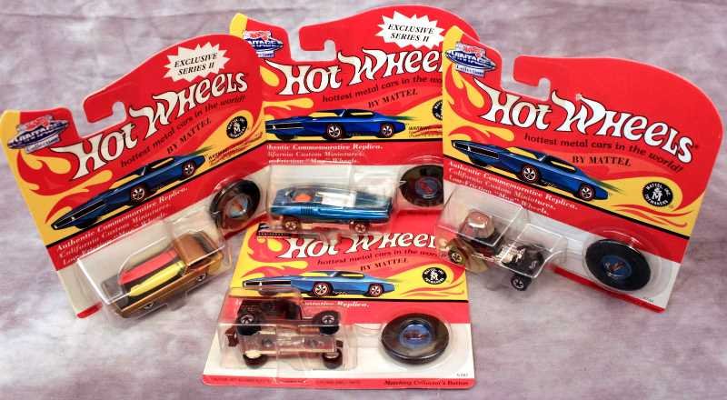 Collectibles: Set of 4 Exclusive Series Hot Wheels Collector Cars with matching Collectors Button issue dates 1993 and 1992