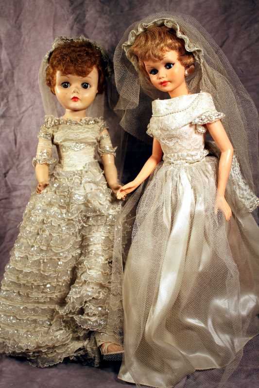 Collectibles: 2 Vintage Bridal Dolls (1) 1950's Arrow Plastic Doll in Formal Wedding Gown and Train Soft Face w/ Hard Plastic Body Tilting Eyes Approx. 25"; (2) 1960's Kaysam Bridal Doll with hard plastic construct