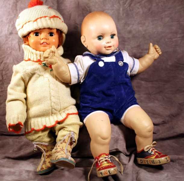 Collectibles: 2 Vintage Large Dolls (1) 1972 Girl Doll by Ideal with Winter Garb Hard Plastic Construction. Approx. 22in; (2) Uneeda Boy Doll in blue Jumper suite Soft and Hard Plastic Construction with Sleeping ey