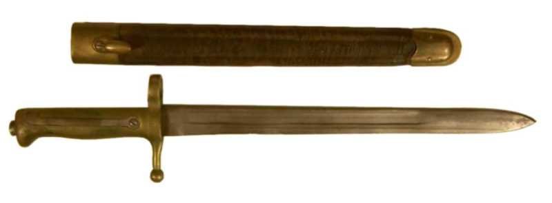 Italian WWI Brass Handle Vetterli Ersatz Bayonet: Model 1871/87/16 bayonet. Has 11.75" M91 pattern fullered blade in smooth finish with light surface oxidation, stamped with a crown mark on the cross guard and "MA" on the blade. Hilt has brass cross 